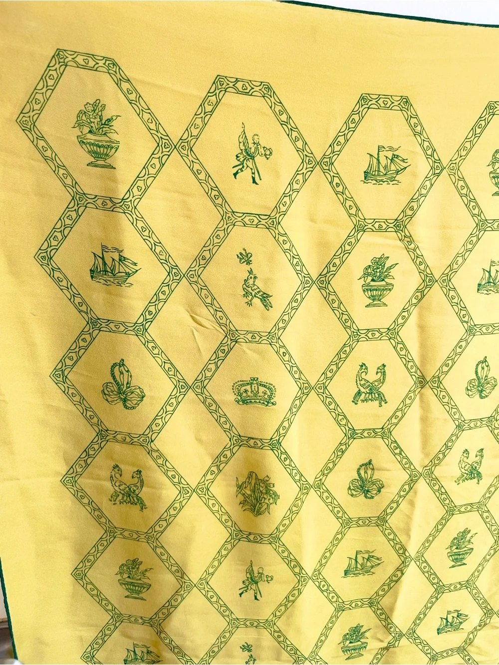 Vintage Echo Hand Rolled Scarf Honeycomb Crest Of Arms Chartreuse Silk?
